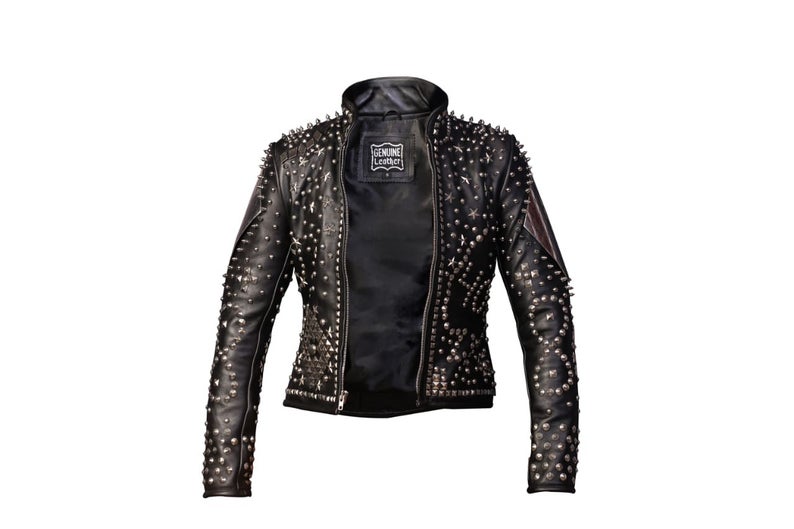 Fashion Brand Leather Jacket Women's Chain Studded Rock Punk Badge
