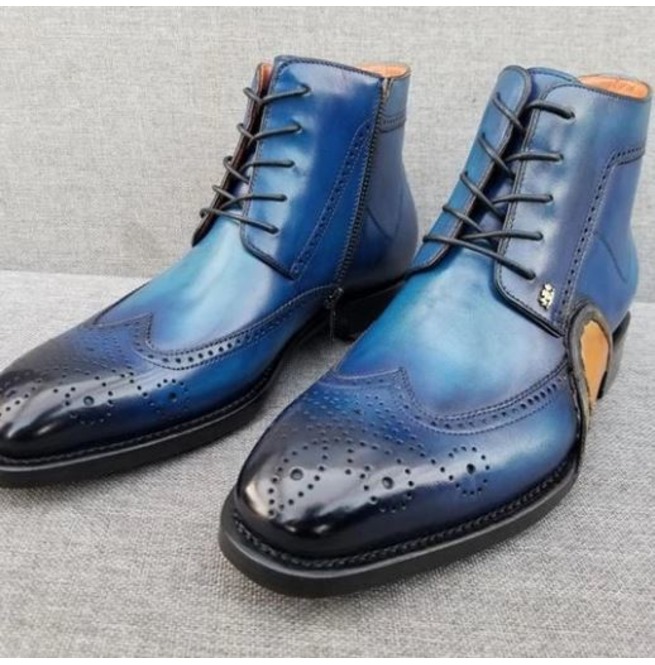 Men Blue Wing Tip Brogue Round Toe Lace Up High Ankle Dress Leather ...