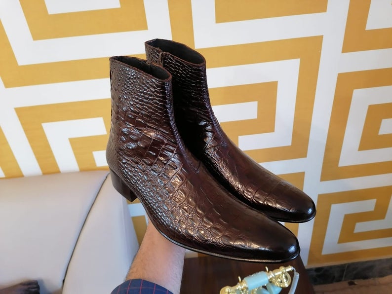 Handmade Brown Crocodile Texture Pointed Chelsea Side Zipper Ankle Boots, Men Office Wear Boots Footeria