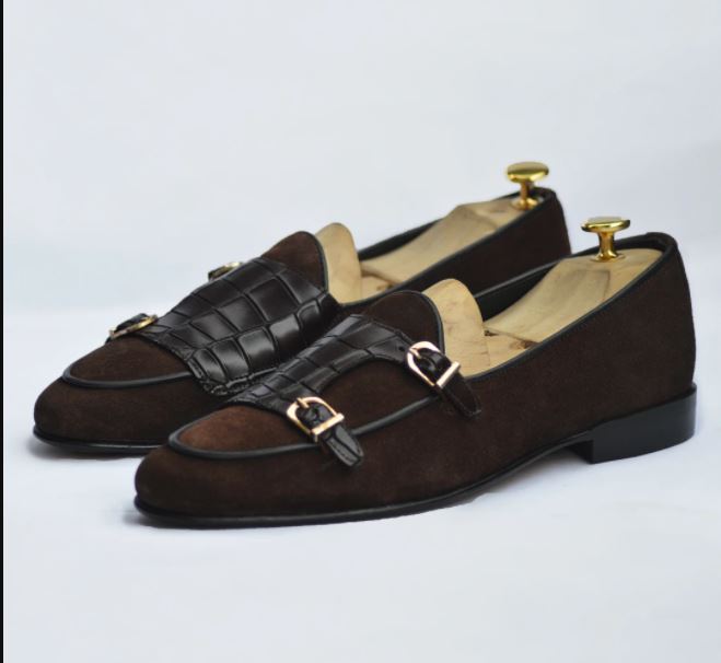 Handmade Men Brown alligator texture leather and suede double monk ...
