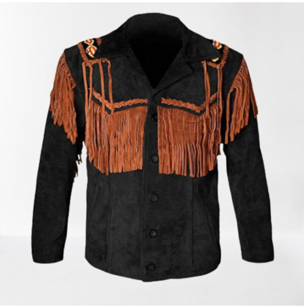 Men Black Suede Western Cowboy Jacket With Brown Fringes, Country ...